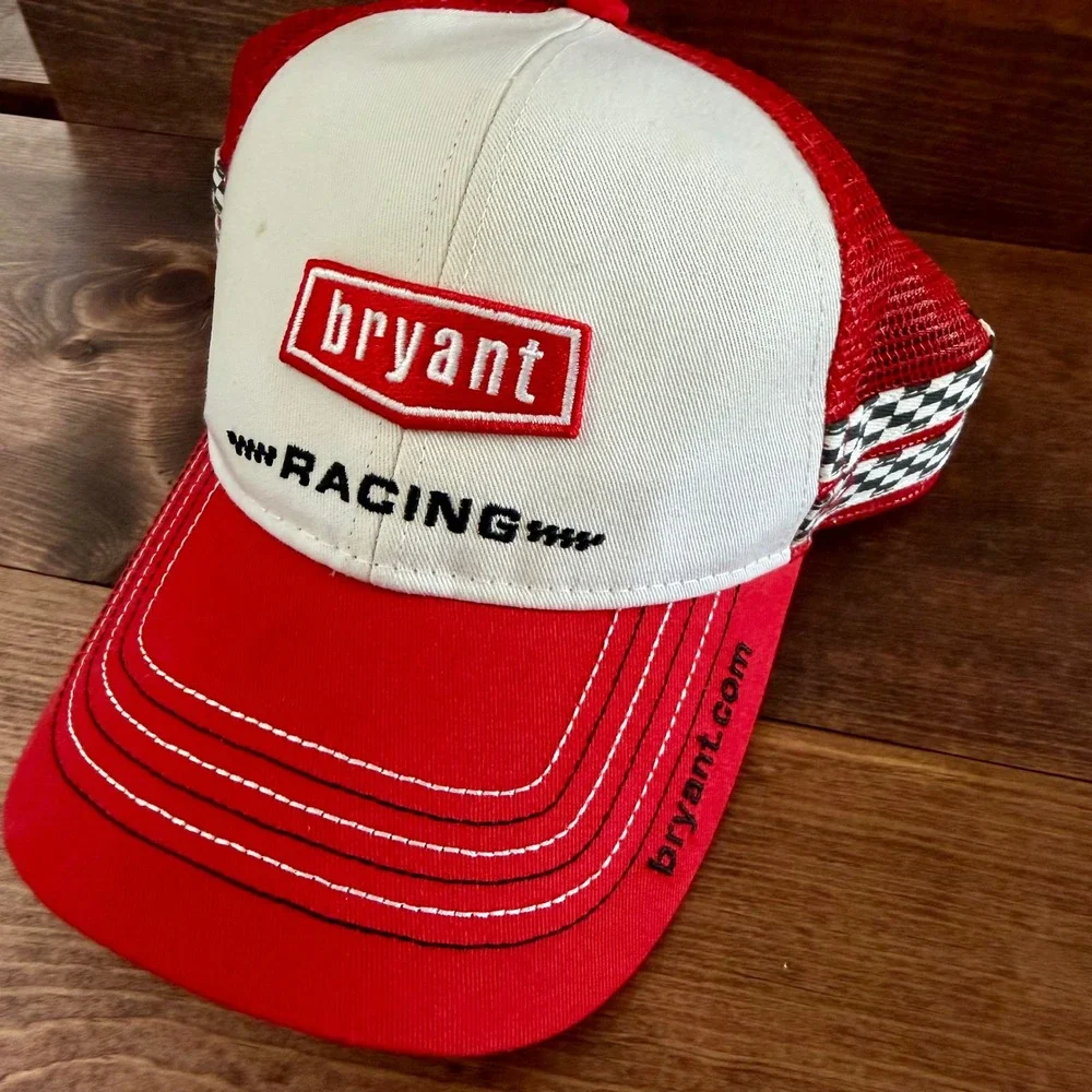 Bryant Racing Trucker Hat Red White Checkered Mesh Snapback Cap Automotive